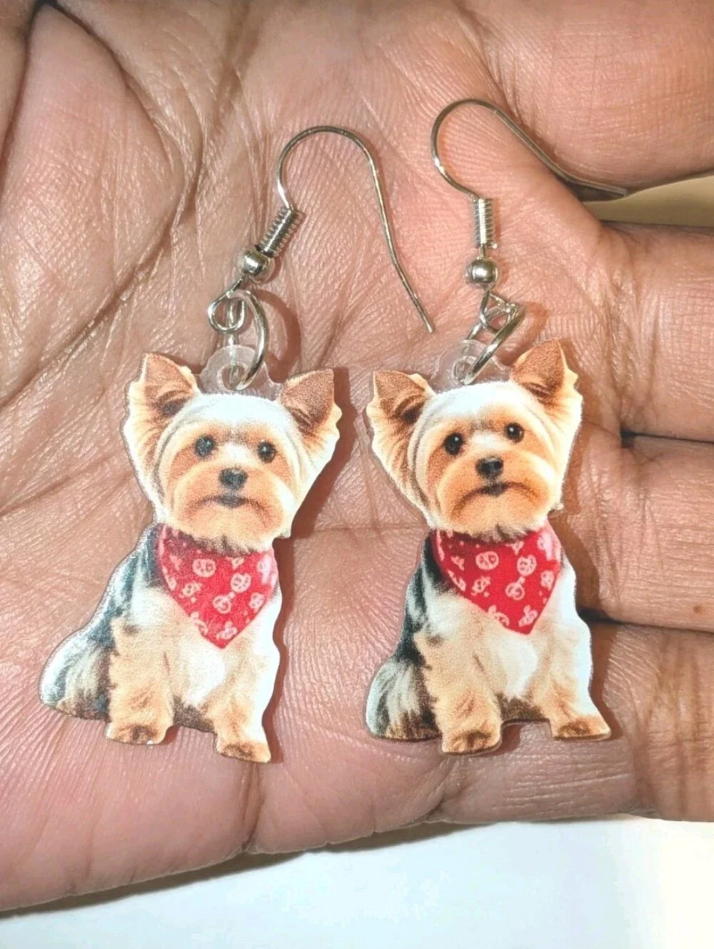 Hand Crafted Yorkie Dog Dangle Earrings with Red Bandana